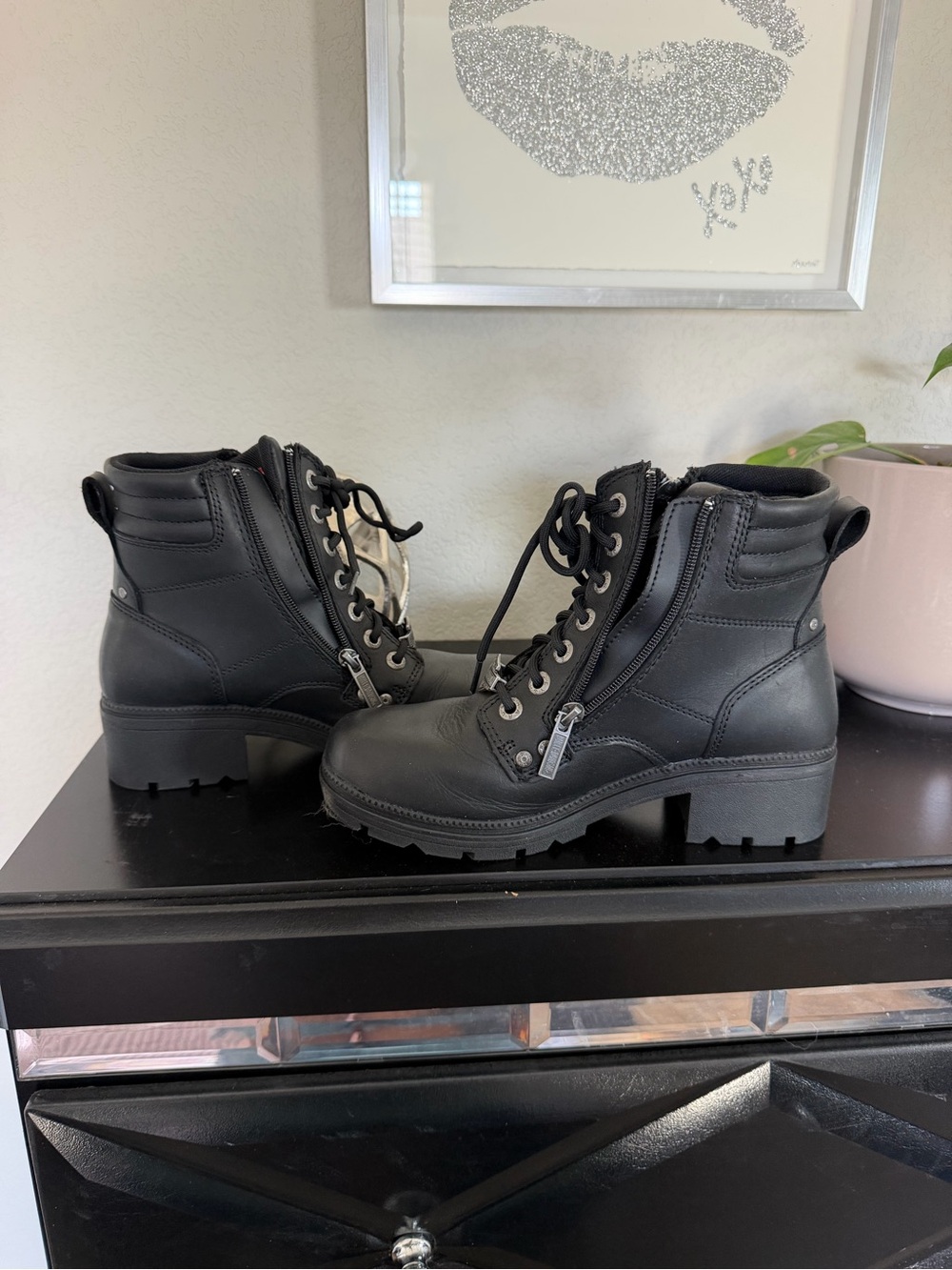 Harley-Davidson Women's Black Lace-Up Combat Boots with Side Zippers